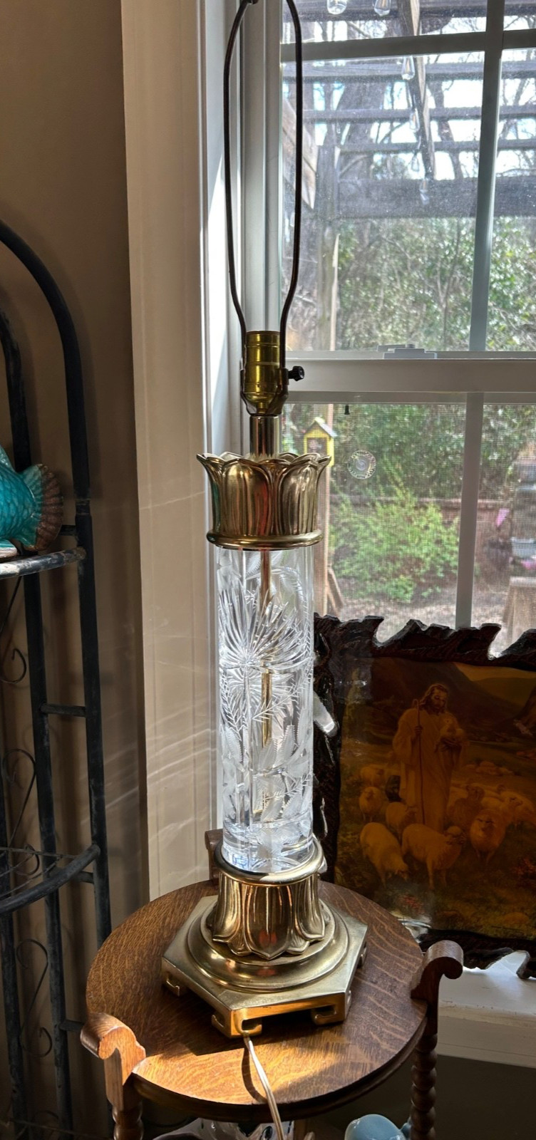 Vintage MCM DRESDEN signed Crystal and Brass Lg Lamp with Floral Etching