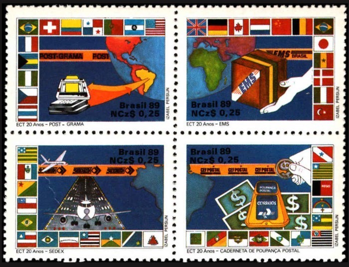Brazil 1989 MNH 4v Blk, ECT Special Mail Services, Coins, Aviation, Flags