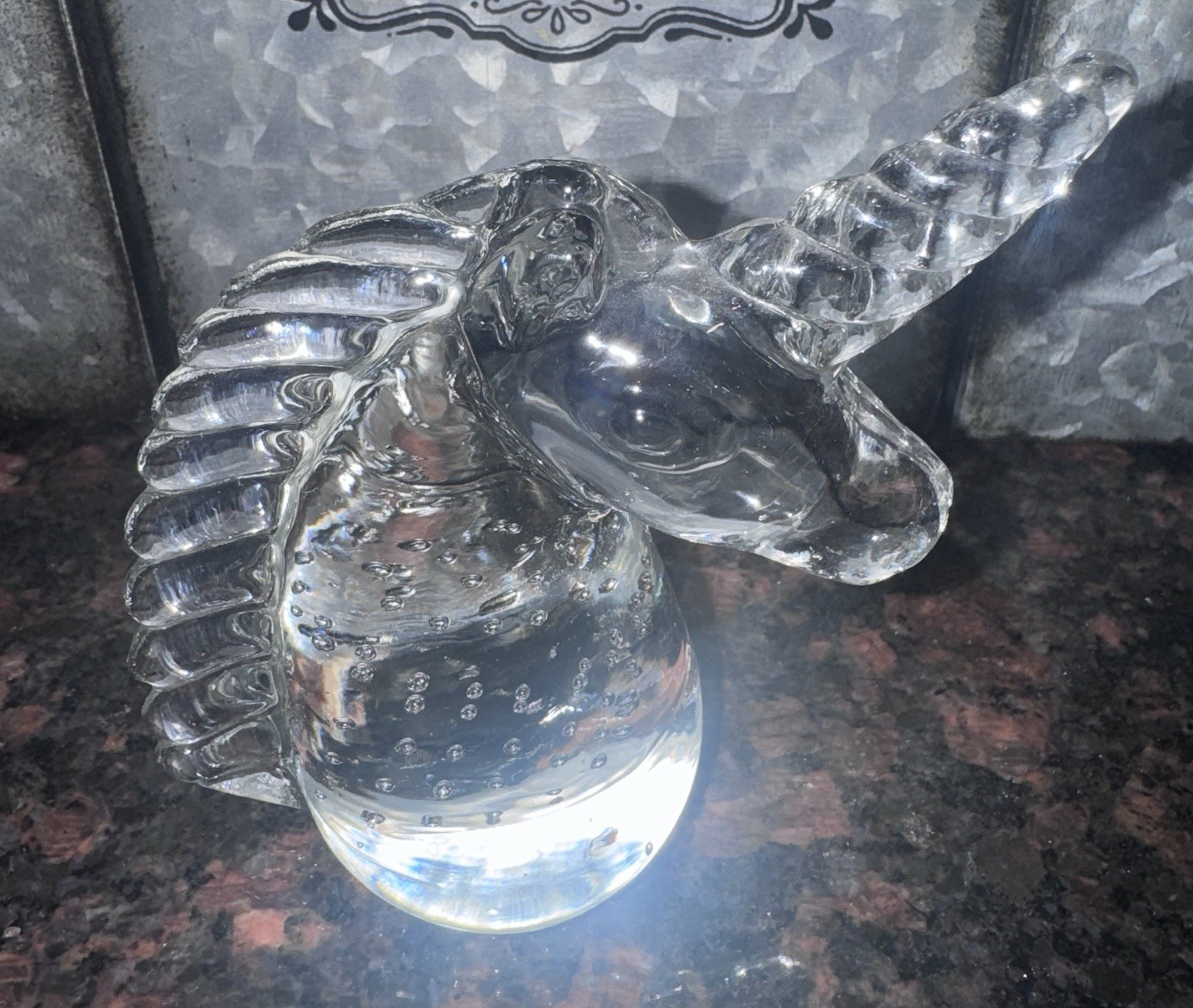 Vintage Murano Art Glass Unicorn Paperweight with Controlled Bubbles 4” Fantasy