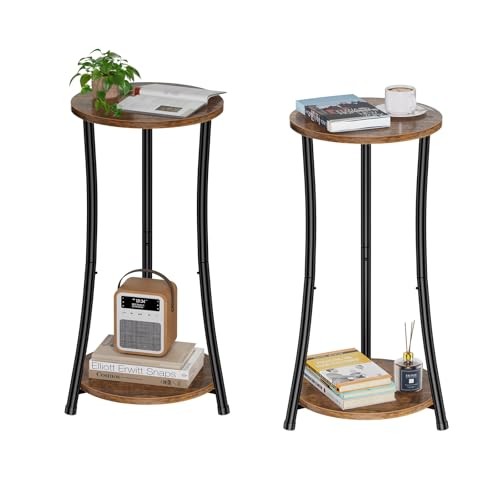  Round Side Table, 2 Tiers End Table for Living Room with Storage Shelf, Slim 