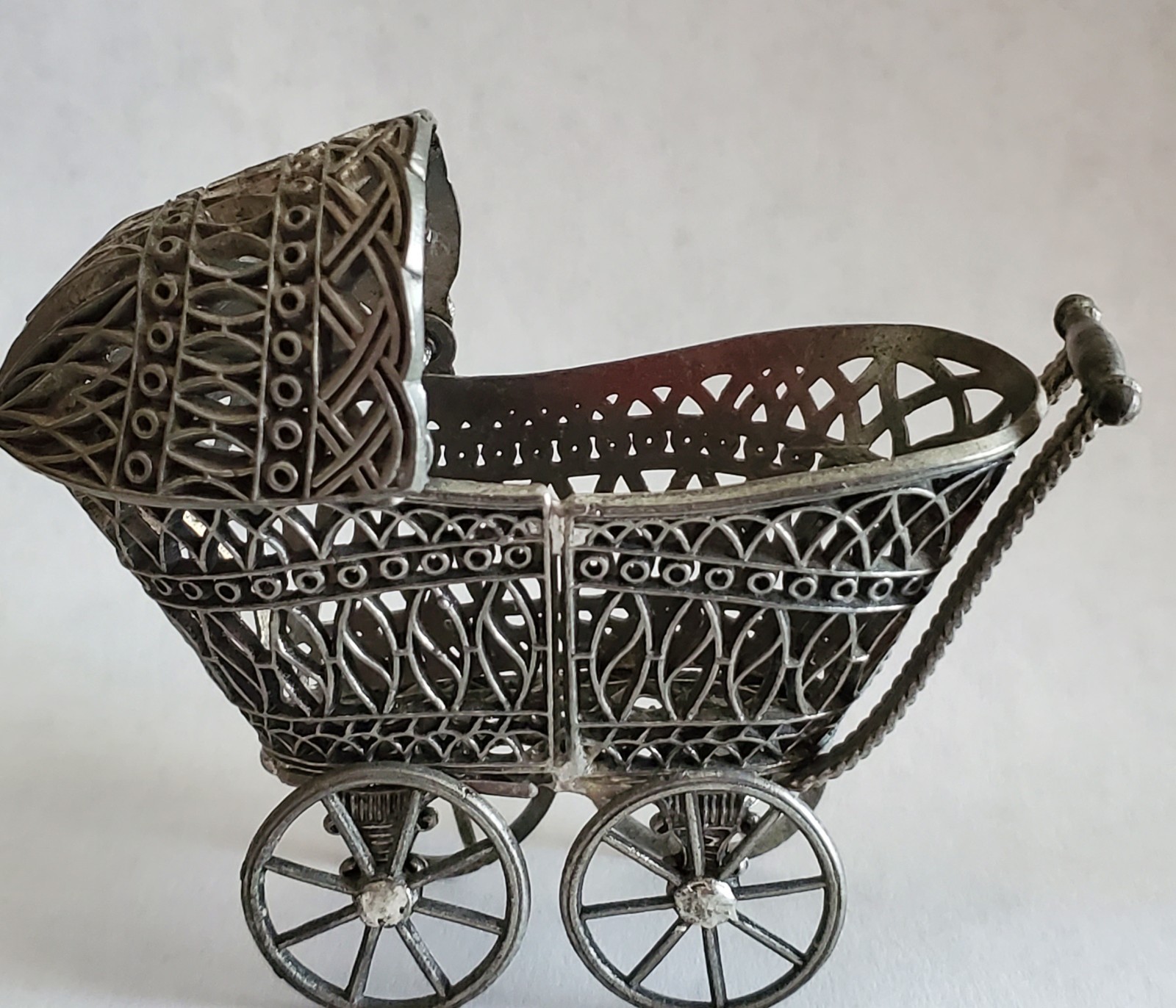 Vintage Miniature Metal Filligree Baby Carriage