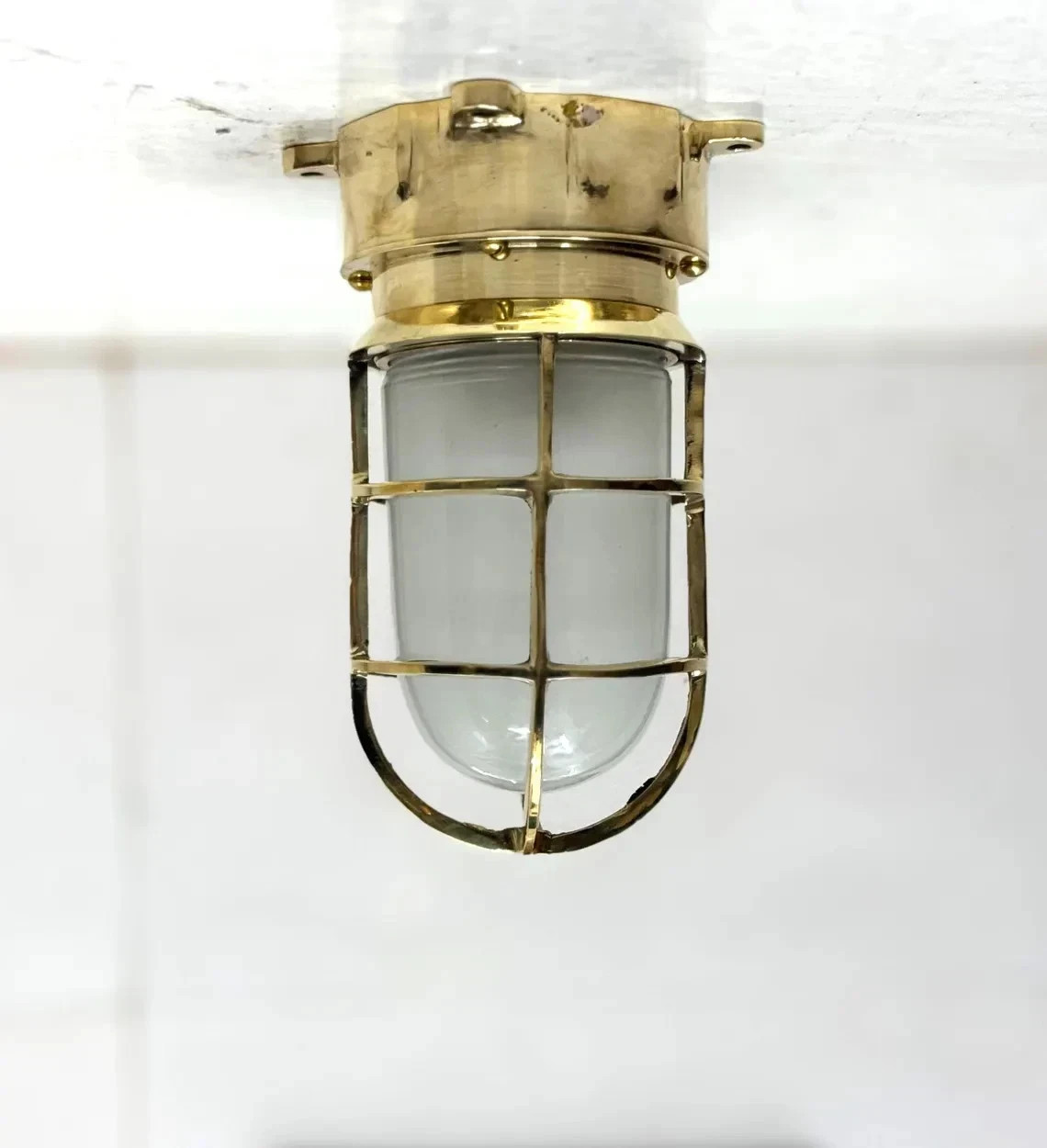 Classic Maritime Brass Bulkhead Ceiling Lights with Retro White Glass - Set of 3