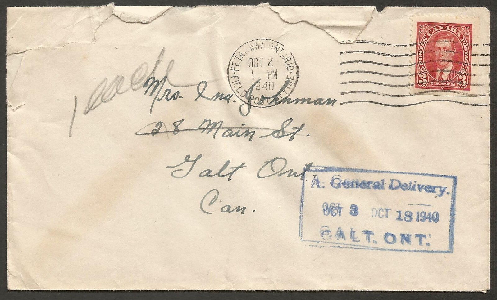 1940 FPO Cover 3c Mufti Petawawa Ont Field Post Office to Galt General Delivery
