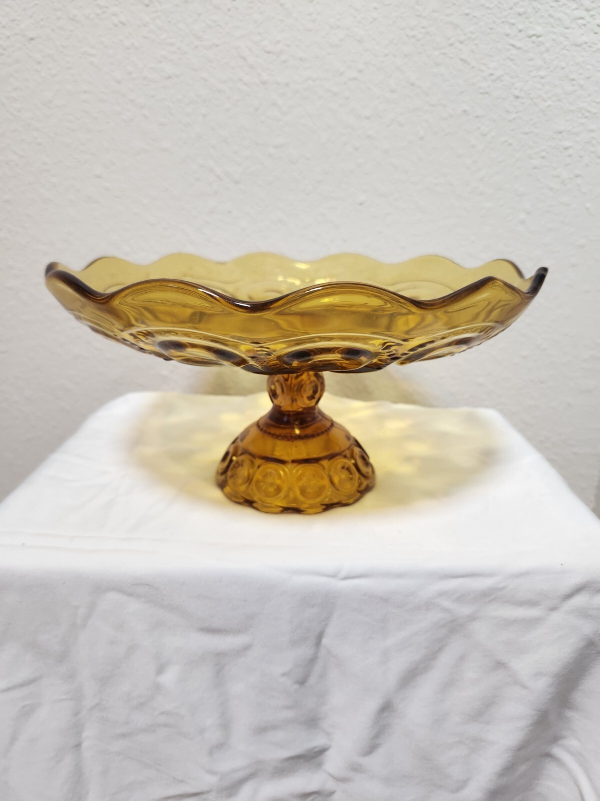LE Smith Moon & Stars Amber Glass Dessert Stand Compote with Scalloped Edge  MCM