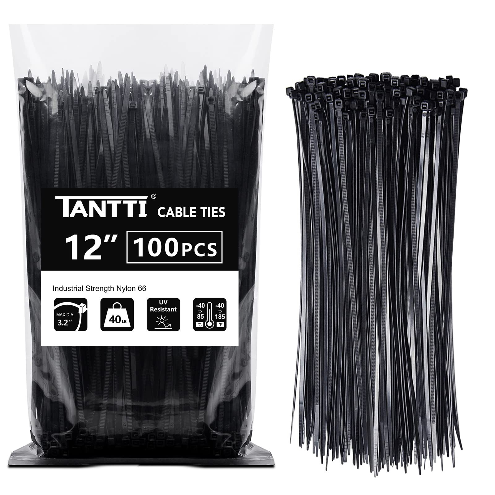 Zip Ties 12 Inch, Black Zip Ties 100 Pack, 40Lb, Cable Ties, Self-Locking Wire T