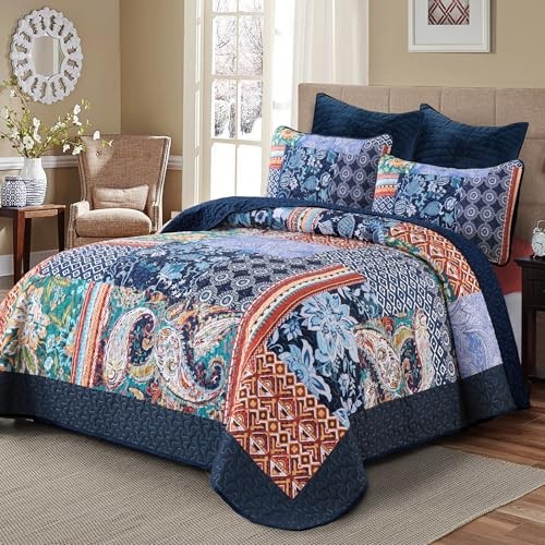  Patchwork Quilt Set Size Blue Bedspread Boho Paisley Floral Pattern Queen Navy
