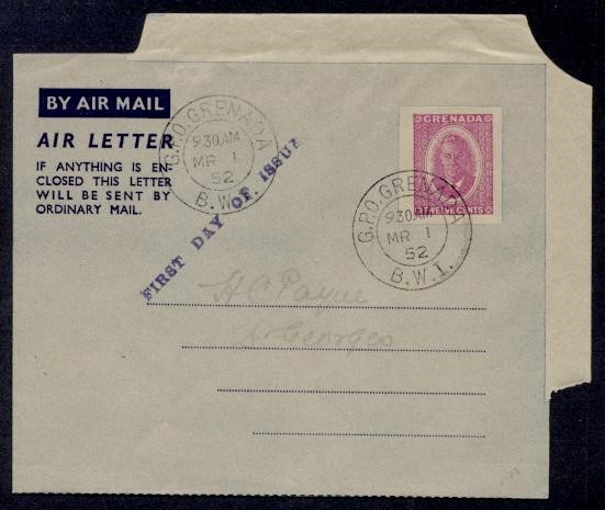 GRENADA 1952 KGVI AEROGRAM FD ISSUE