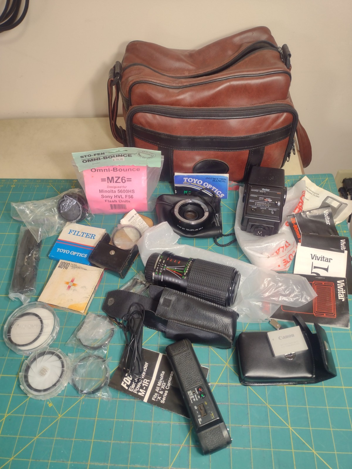 Camera lense, filter, flash, electronic winder lot Canon, Minolta, Vivita etc.
