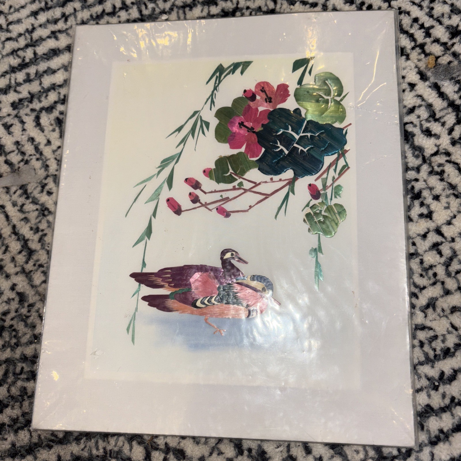 Hand Cut Painted Wheat Stalk On Silk Floral And Ducks 9x11”