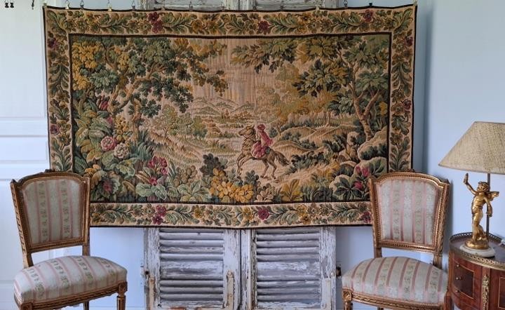 Gorgeous Large Vintage French Verdure Woven Tapestry Wall Hanging, 'Le Cavalier'