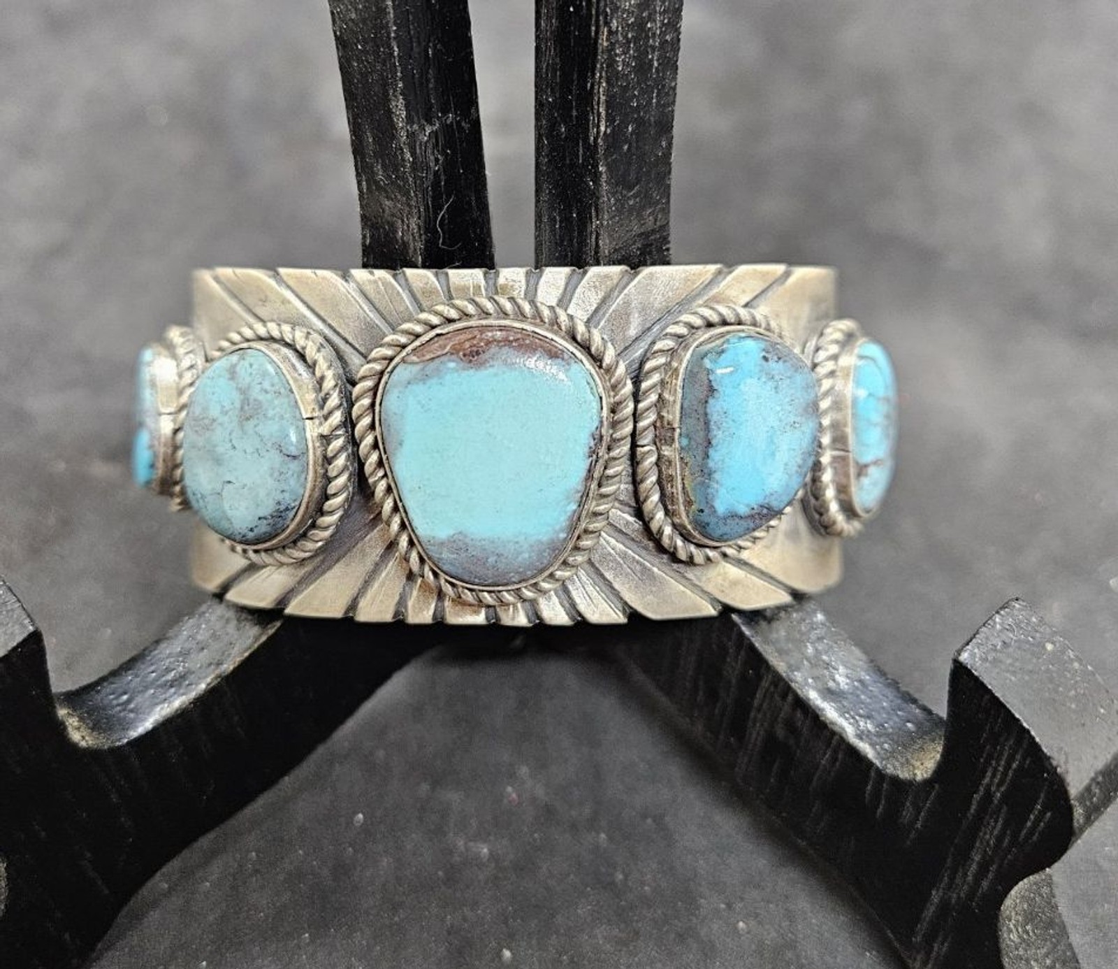 Native American .925 Silver And Navajo Turquoise Nugget Bracelet - Signed