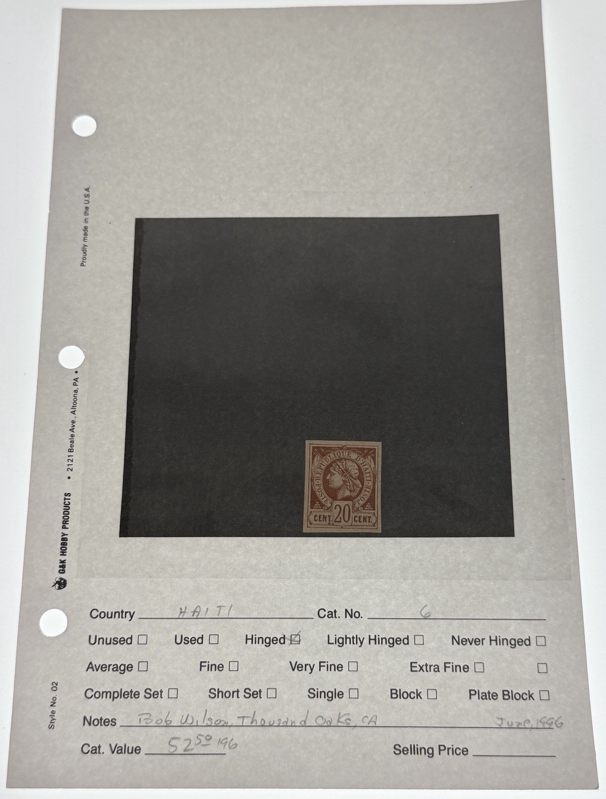 Haiti Scott #6 20c Red Brown Stamp Hinged Cat 