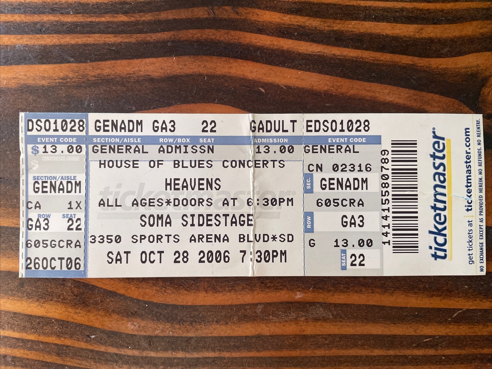 Heavens Concert Ticket Stub Soma San Diego 10/28/2006
