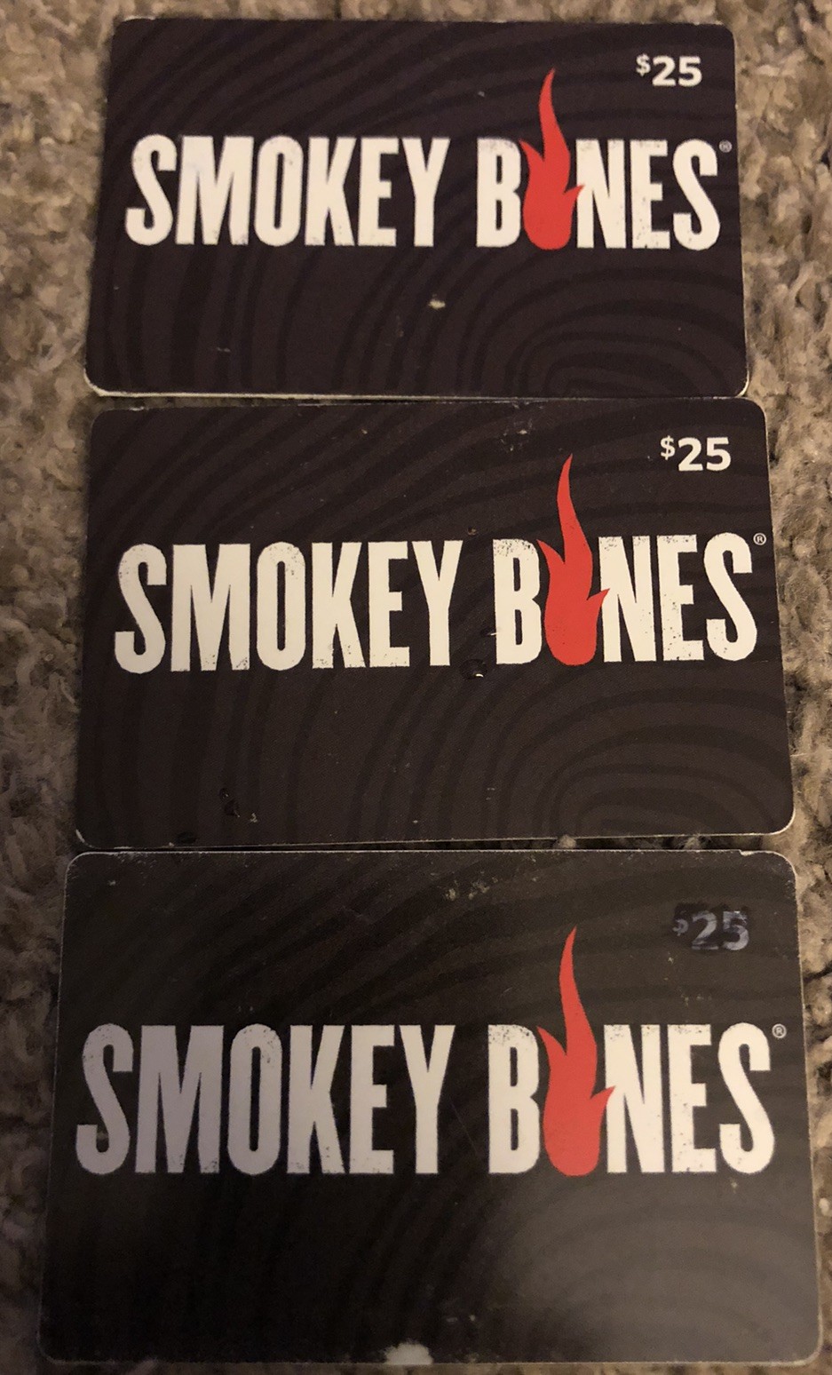 Smokey Bones Gift Cards                     $ 61.16 Total Value.