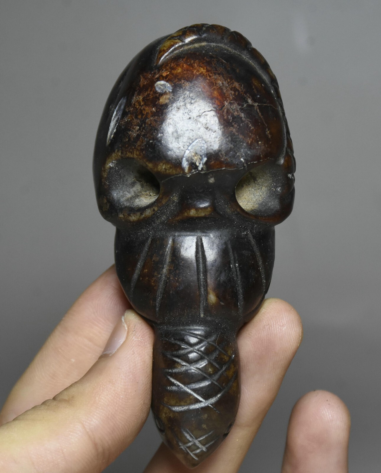 3.5'' Hongshan Culture Old Jade Carving Snake Skeleton Devil Skull Head Statue