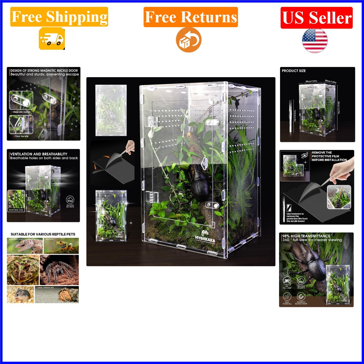 Large Acrylic Insect Terrarium for Spiders, Tarantulas, Frogs - 13.78x7.48x7....