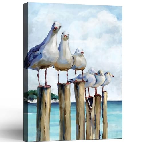 Seagull Bird Ocean Wall Art Canvas Art Print Framed 16"L x 12"W Blue White