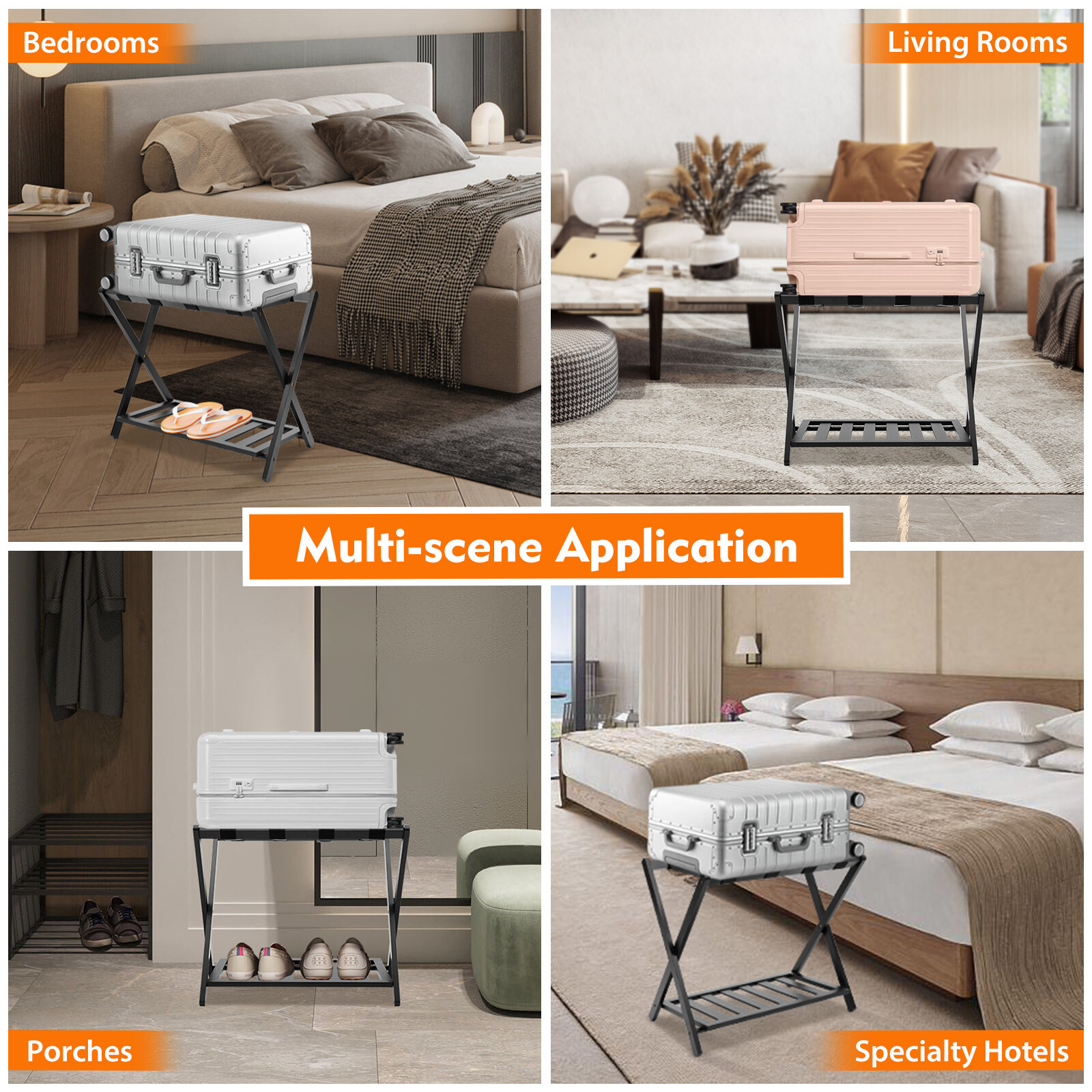 Folding Luggage Rack with Shelf Travel Bamboo Suitcase Shoe Storage Holder Stand