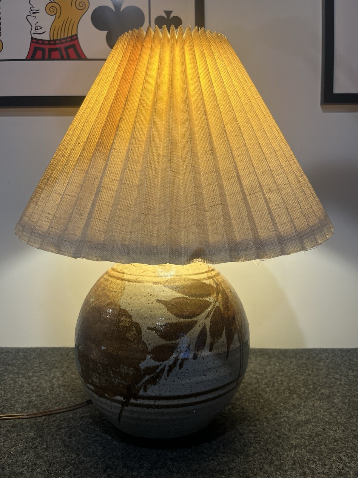 Mid Century Studio Pottery Table Lamp Brown Drip Glaze Ceramic w Shade 17”