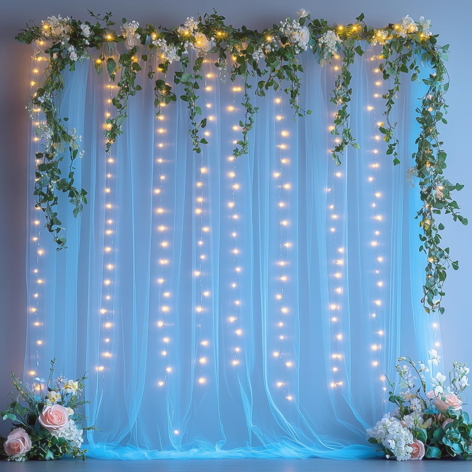 Baby Blue Tulle Backdrop Fairy Light Sheer Curtain Drape 10x8 FT Wedding