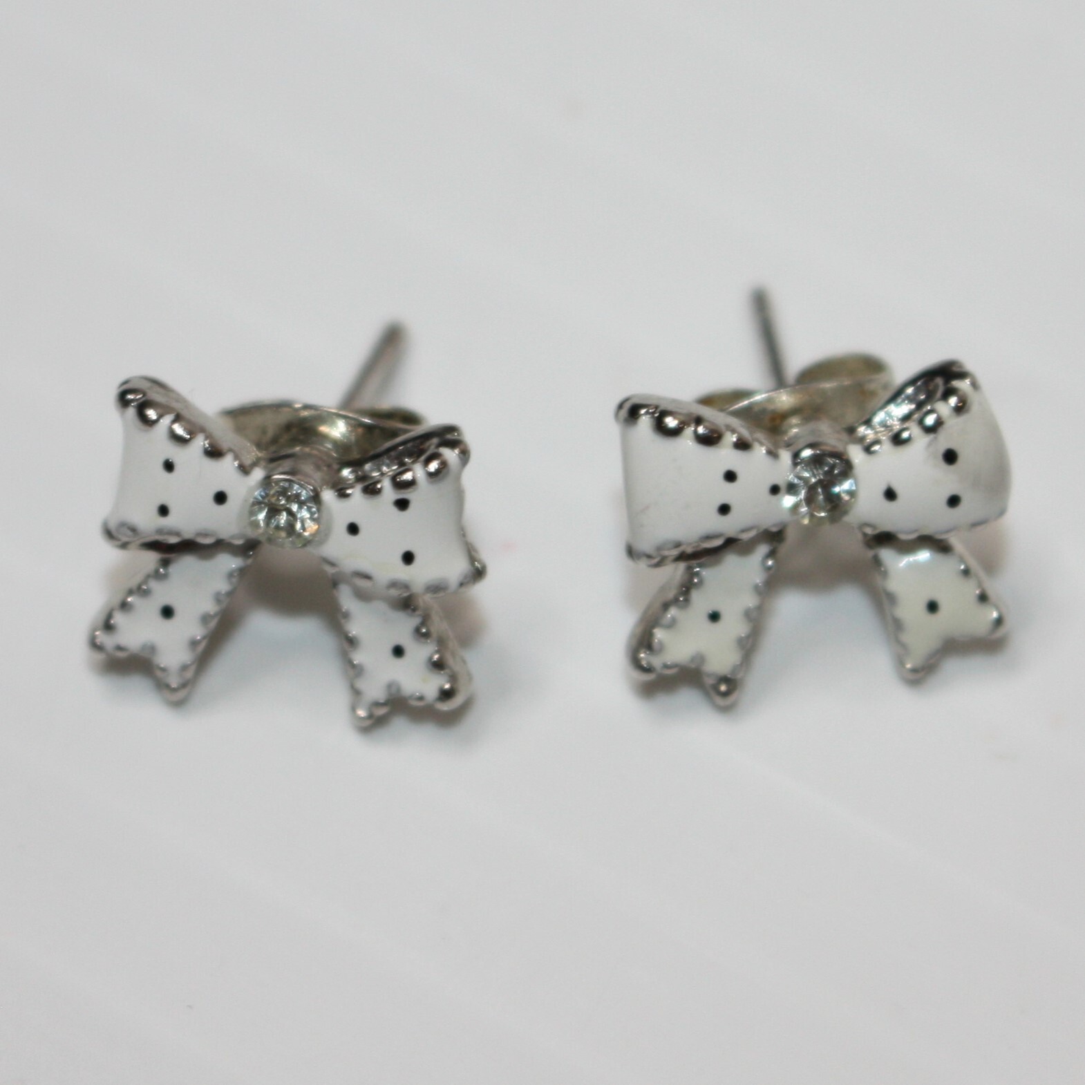 Girl's White Bows with Silver Accents Earrings with Decorative Stones