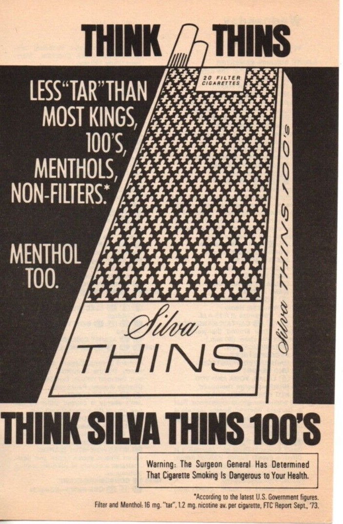 Silva Thins 100's Cigarettes 1974 Picture Print Ad Clipping Page