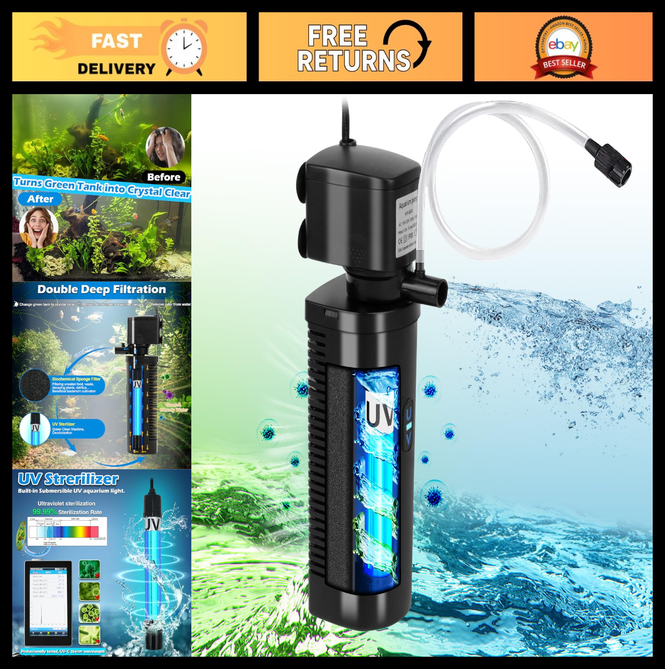 Powerful 200GPH Aquarium Filter with UV Light for 20-75 Gallon Tanks, Submersibl