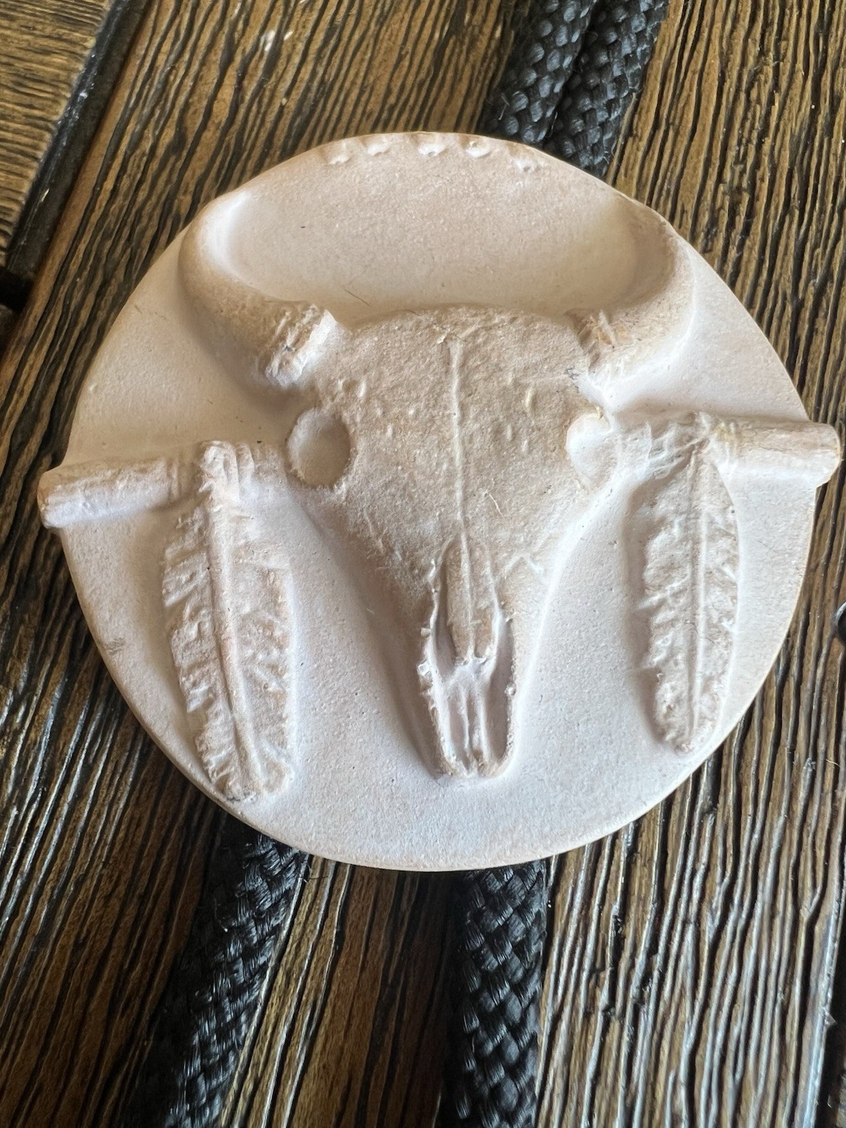 Southwestern Pottery Bolo Tie Longhorn Skull w/ Feathers 2” Clay Medallion