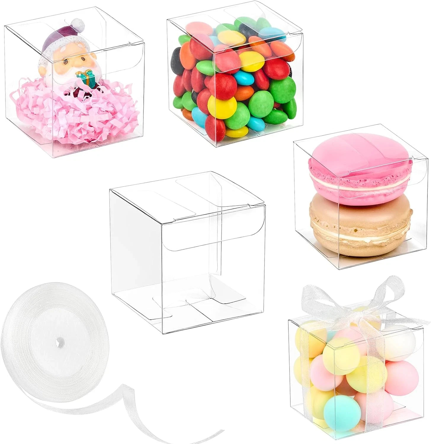 100 Clear 2X2X2 Favor Boxes with Ribbons for Candy, Treats & Party Gifts
