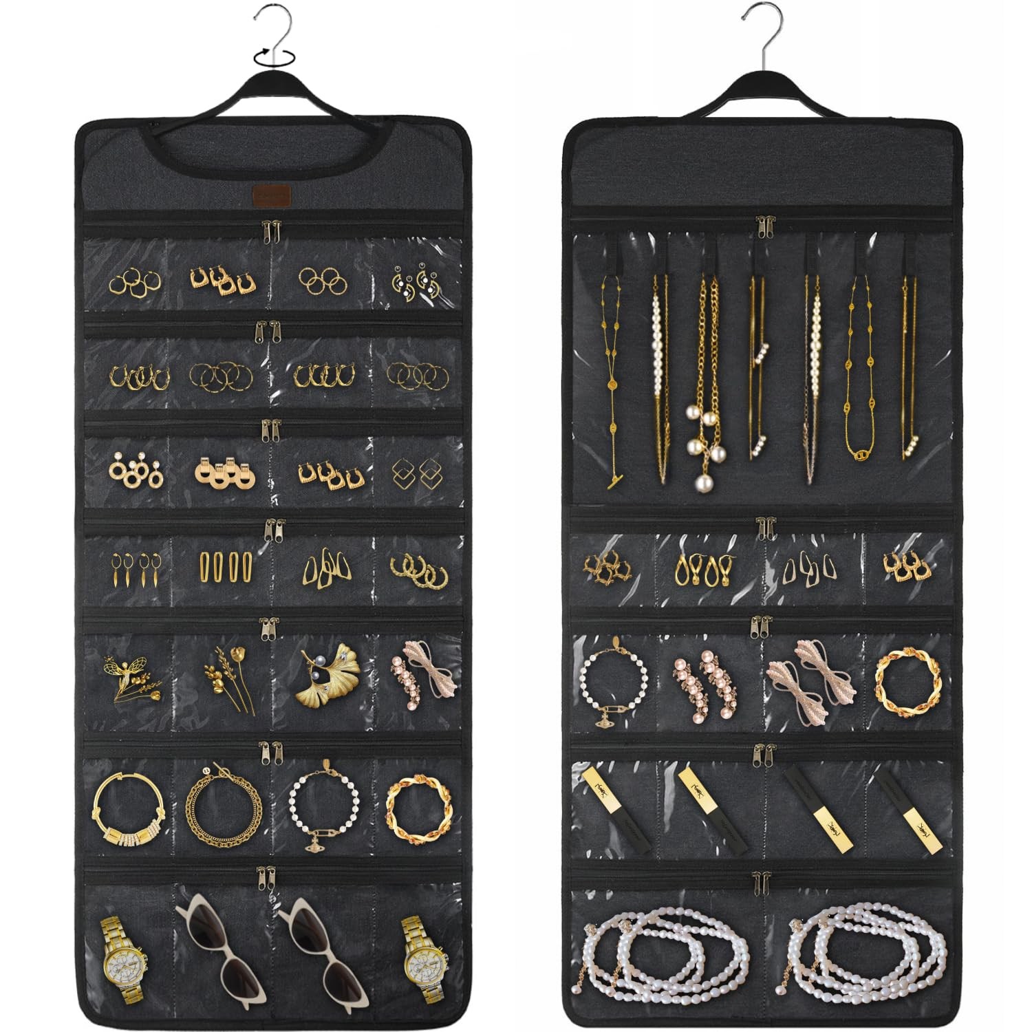 Hanging Jewelry Organizer with Dual Zippered Pockets Canvas Double Sided Rota...