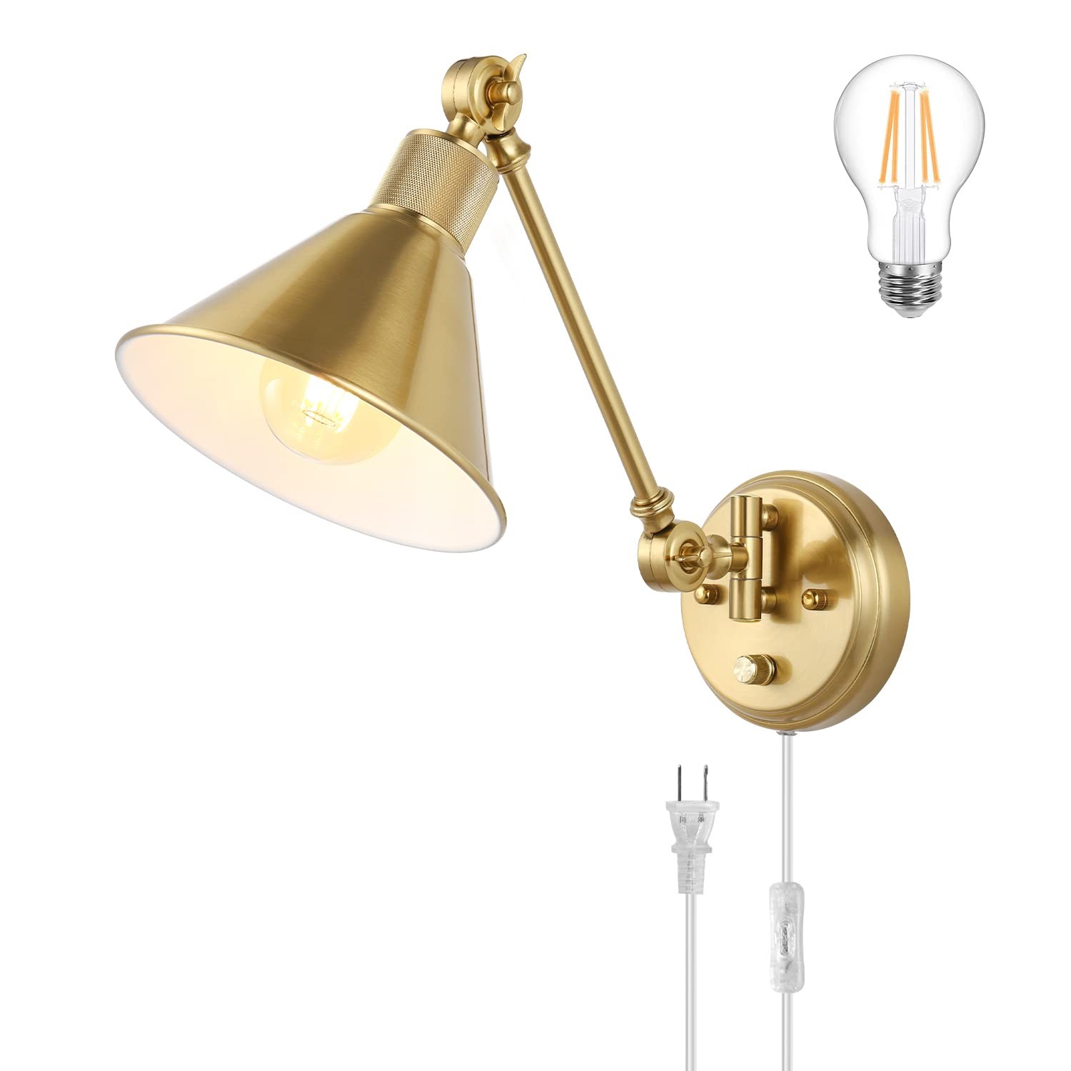 Wall Sconce Plug in, Dimmable Wall Sconce Brushed Brass Swing Arm Wall Lights...
