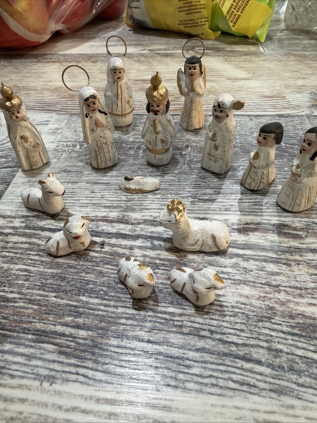 Handmade Clay Nativity Set White Gold Small 11-Piece Christmas Religious Decor