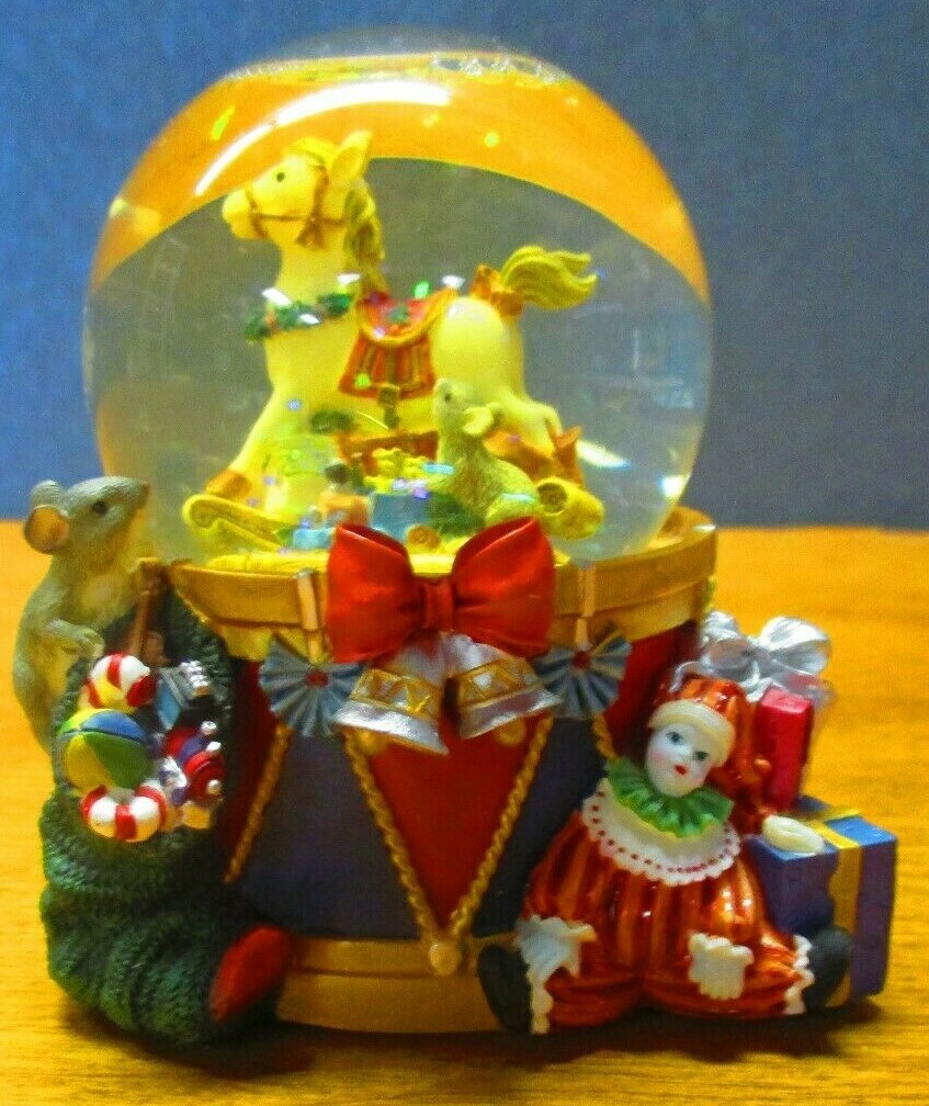Musical Christmas Snow Globe with Rocking Horse Inside & Surrounded by Presents