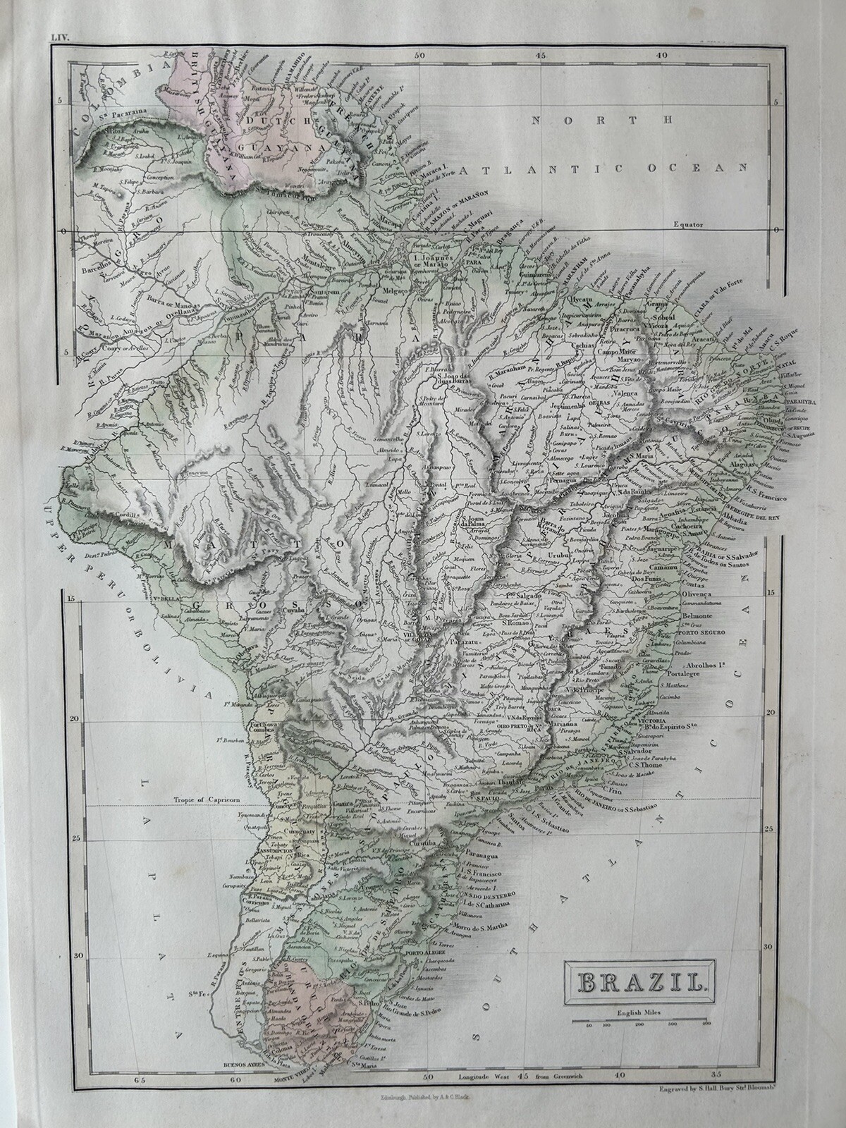 1851 Brazil Hand Coloured Original Antique Map by Selina Hall