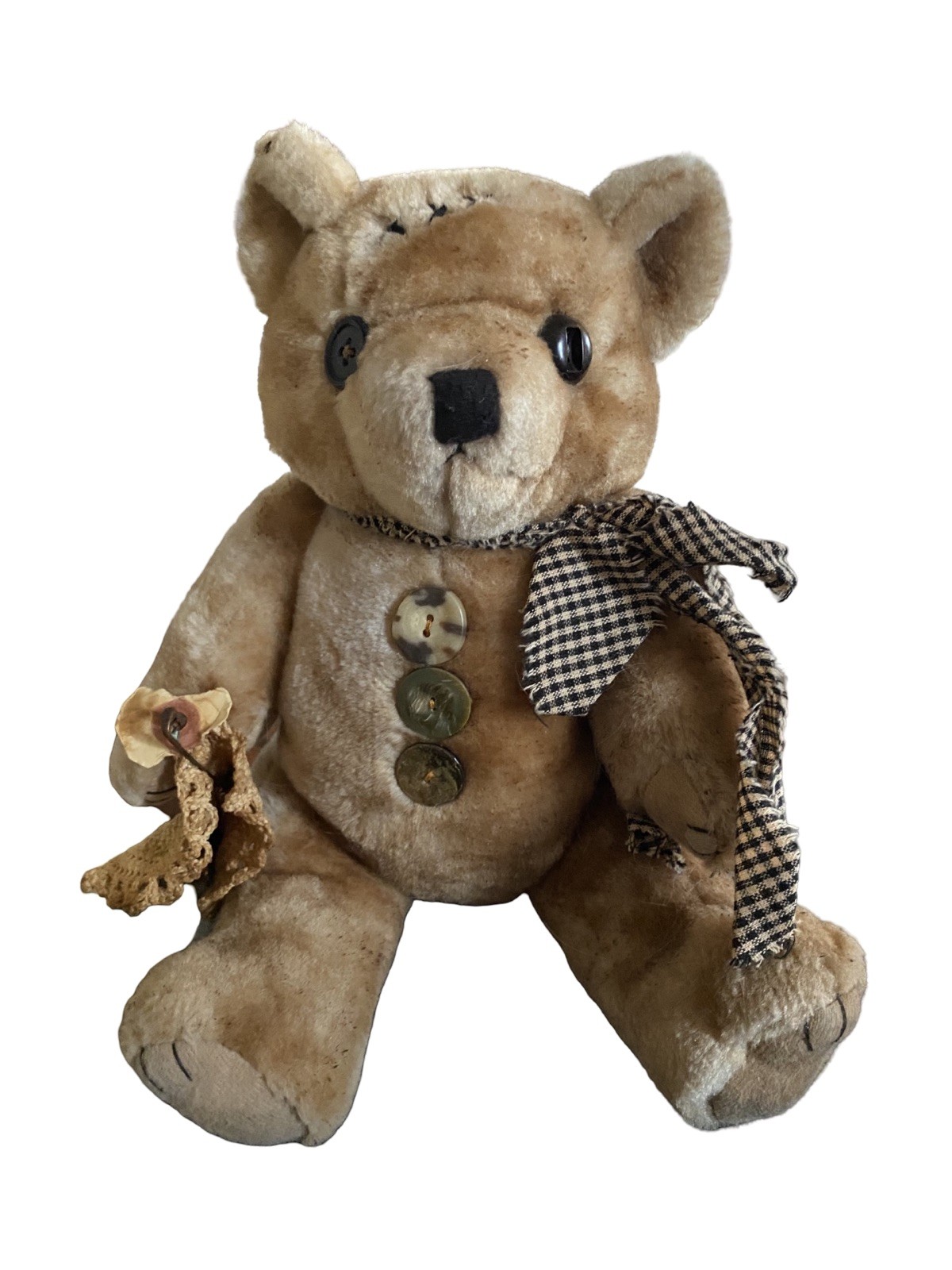 Primitive Handmade Teddy Bear w/ Olde Buttons Rustic Folk Art Country Decor