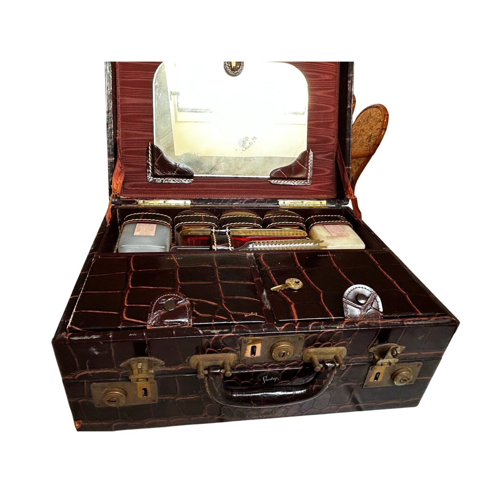 Vintage Embossed Leahter Gentlemen's Travel Vanity Case, Fitted Interior