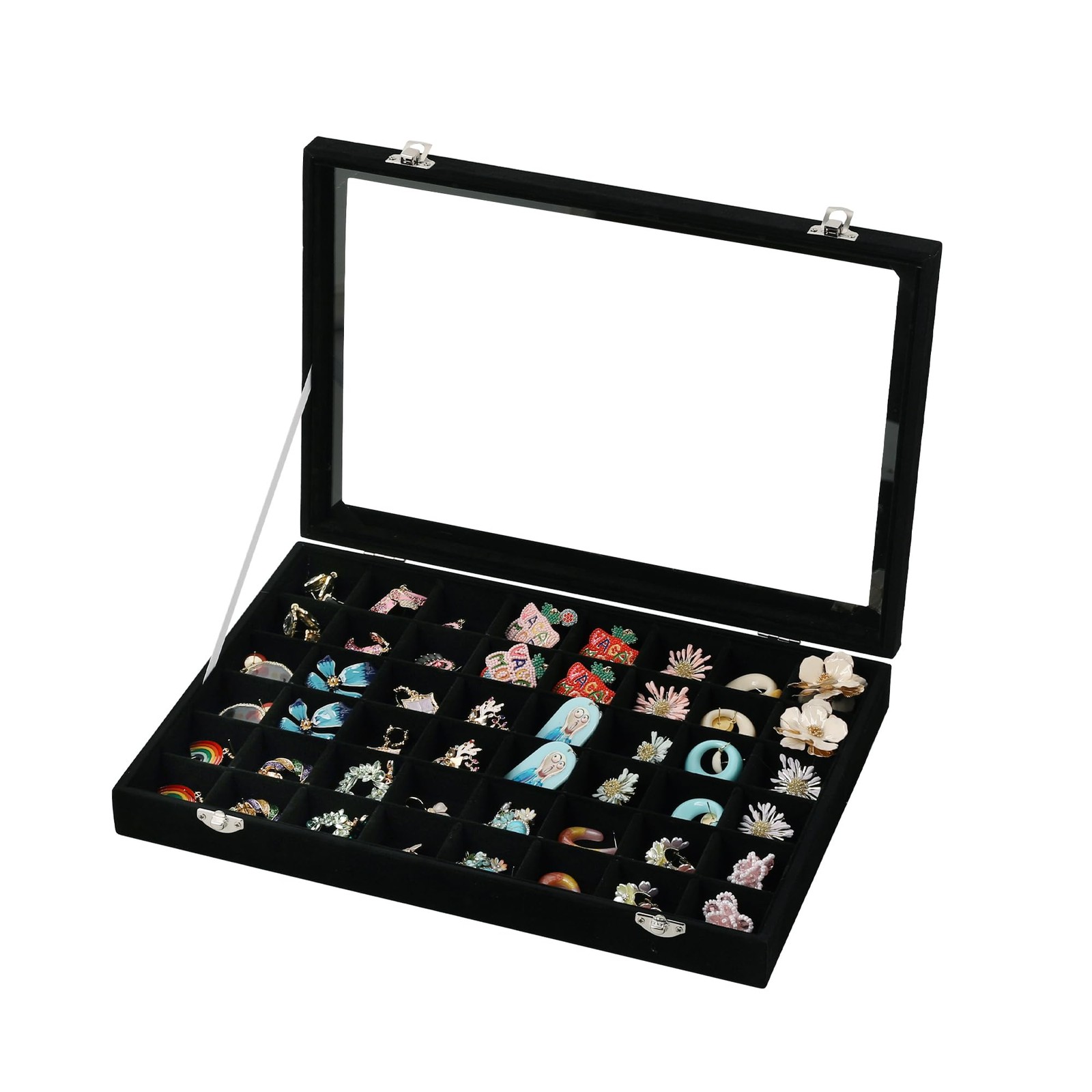 48 Grid Jewelry Tray,Adjustable Earring Holder Organizer with Glass Lid,Velve...