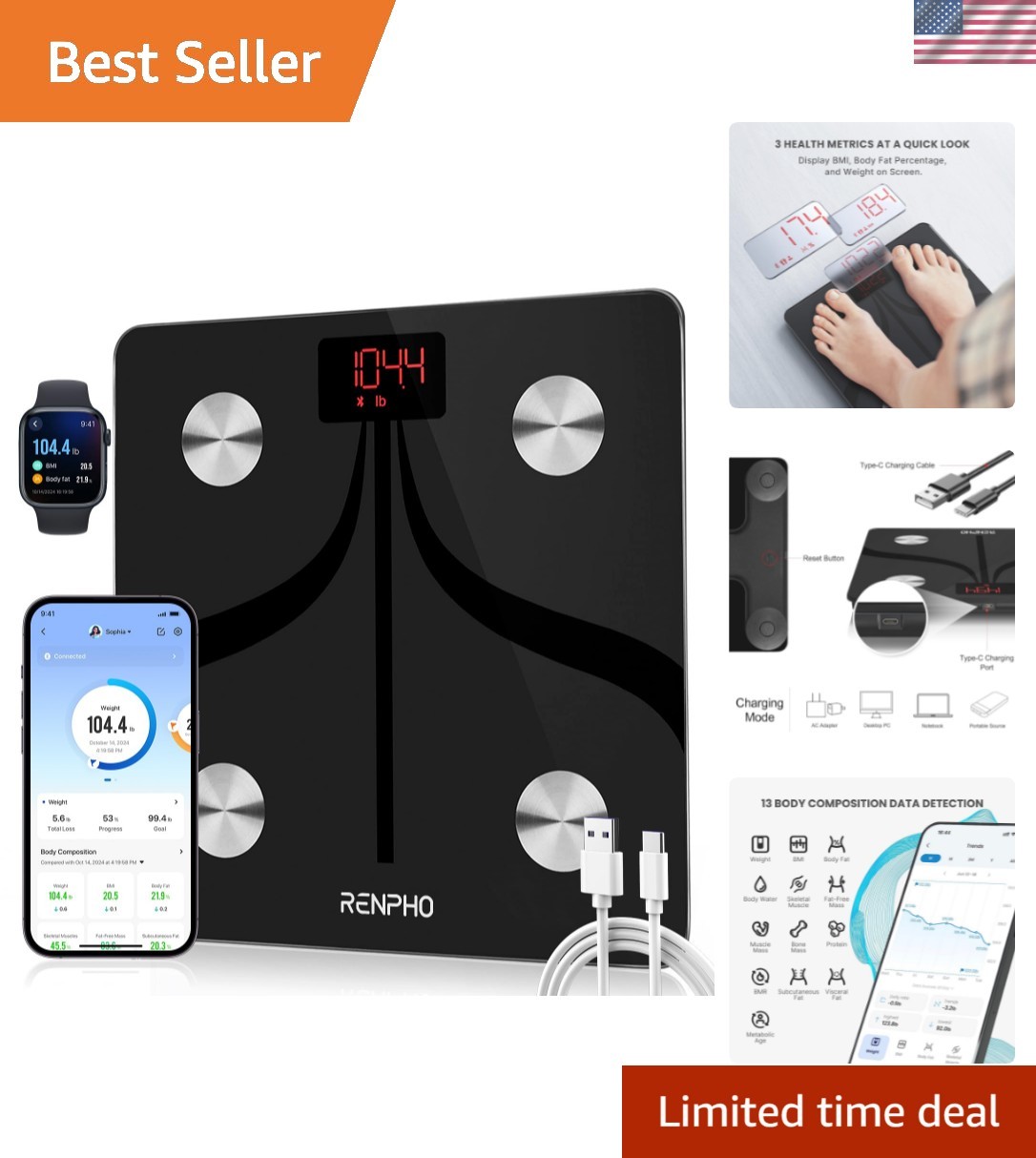 Smart Scale for Body Weight, Type-C Rechargeable Digital Bathroom Scale, Elec...