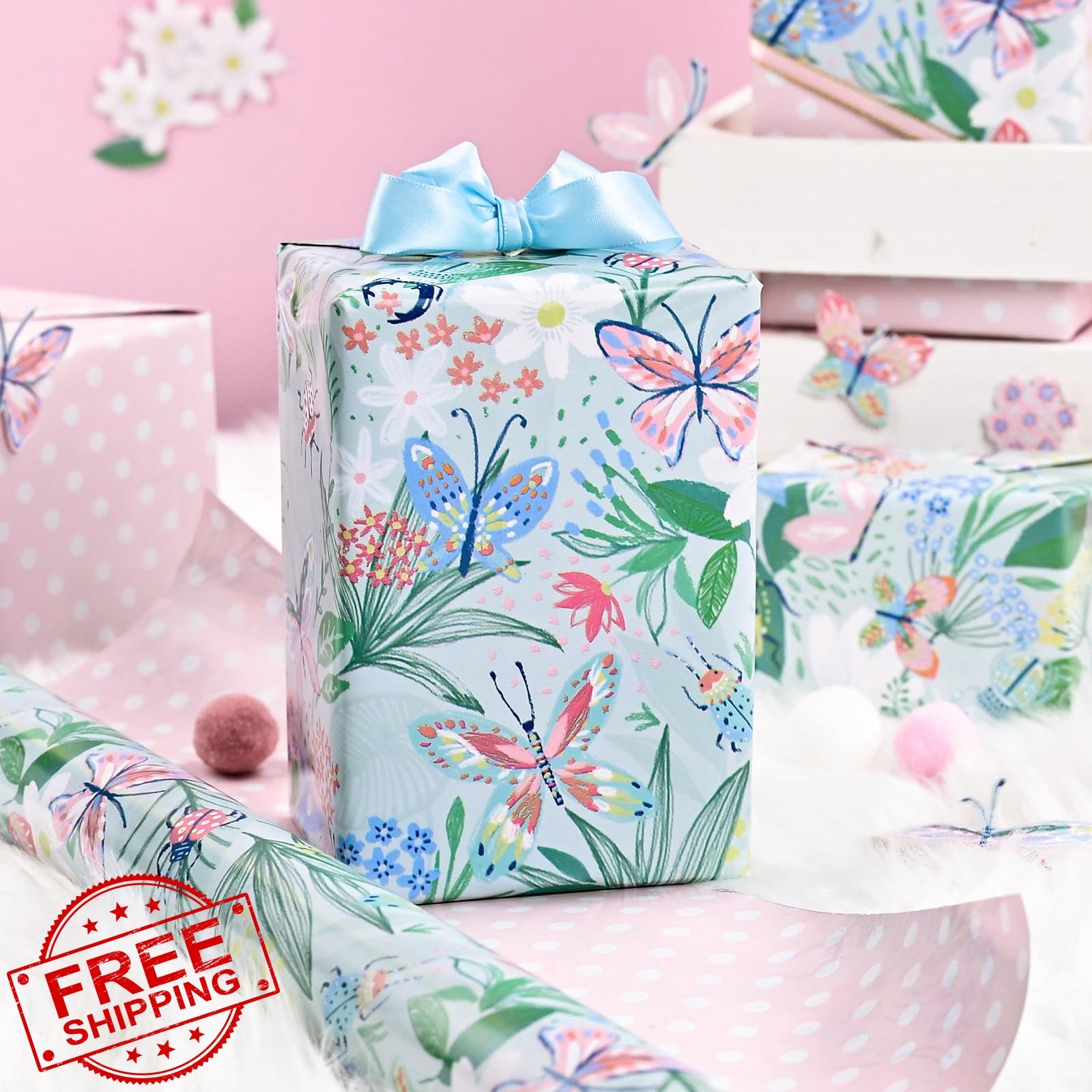 Burymento Reversible Wrapping Paper Butterfly Floral Pink White Dot
