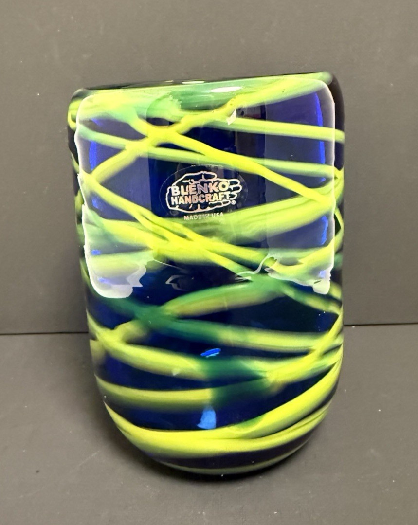 Blenko Drinking Glass - Turquoise with Citrine Stripes