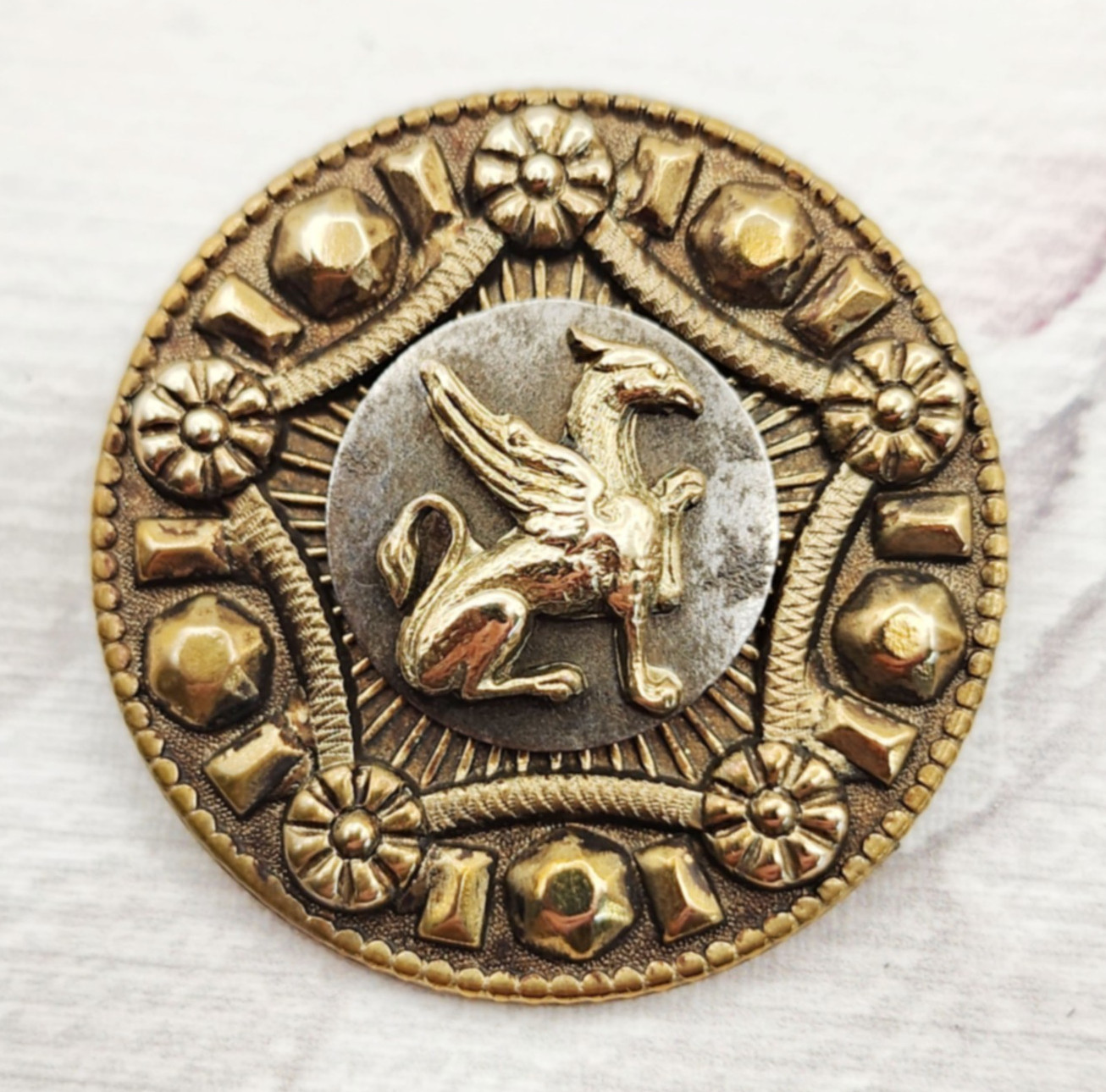Antique Brass Mythological Griffin Picture Button ~ just over 1-1/8"