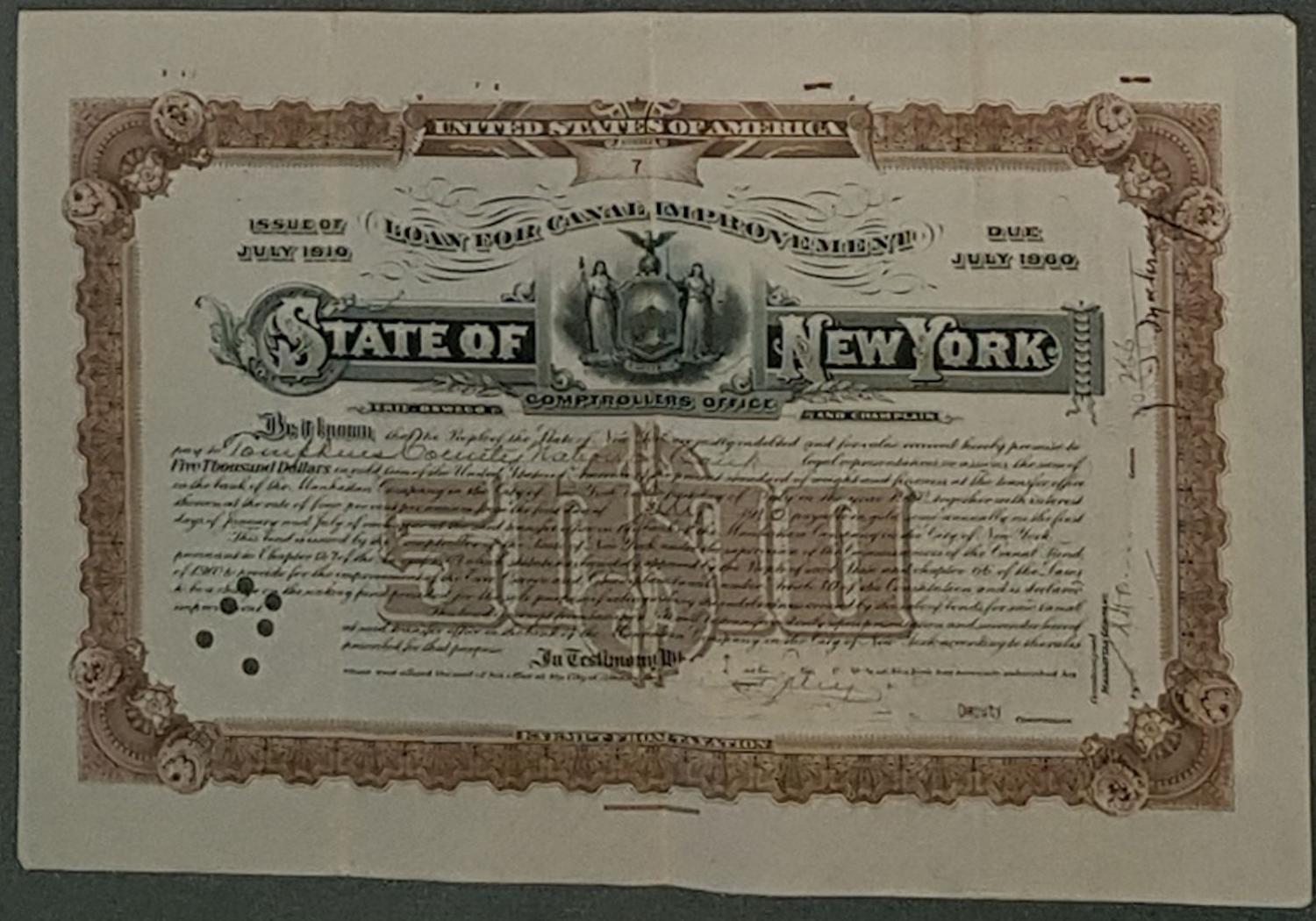 State New York Bond Canal Improvement 07/1910 - 07/1960 4% $5,000