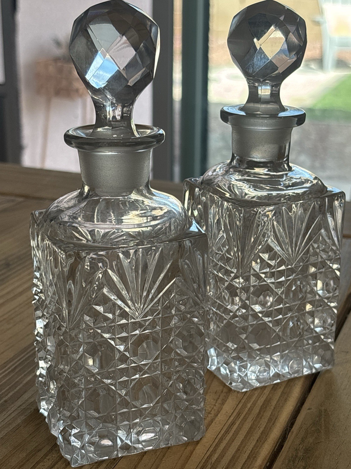 Mid Century BarwareDiamond Pattern Pressed Glass Faceted Stopper Decanter Pair
