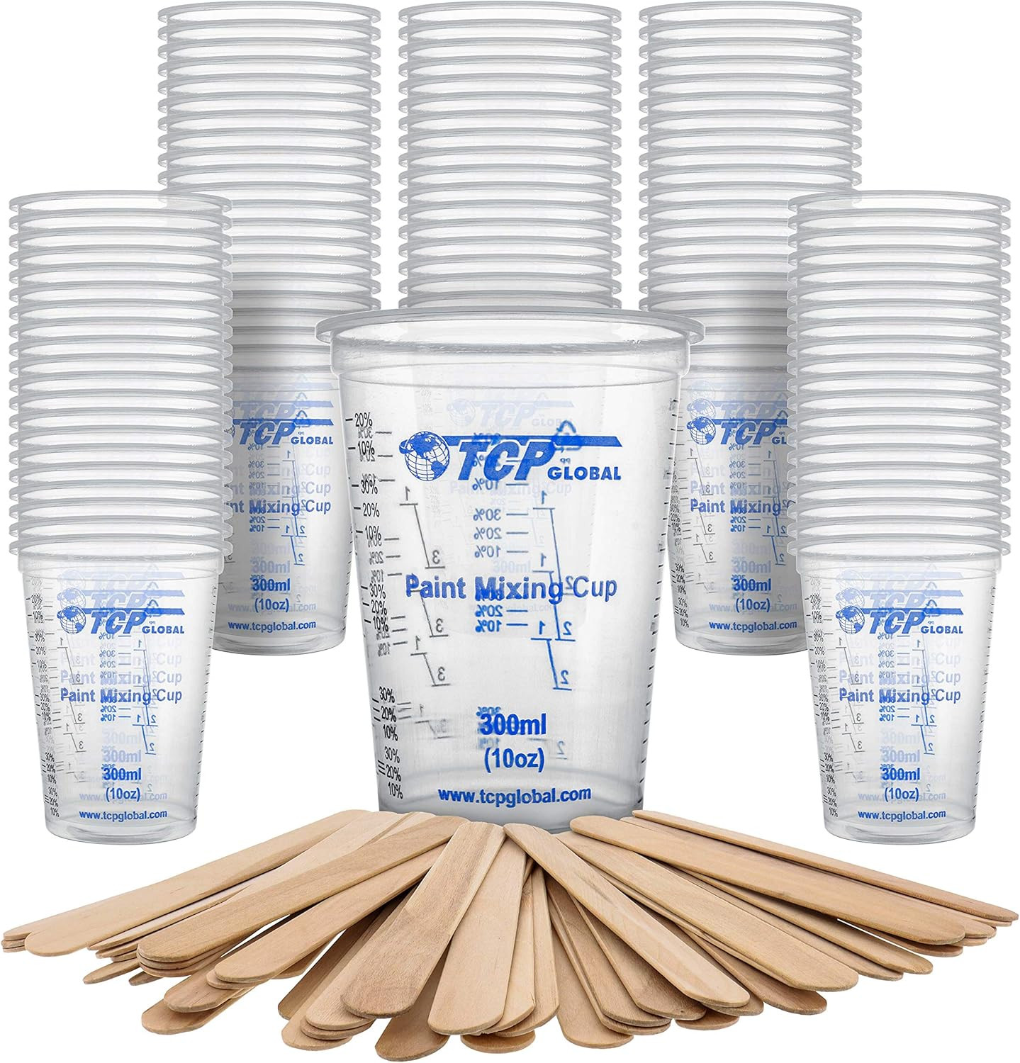 10 Oz. (300Ml) Graduated Plastic Mixing Cups - Box of 100 with 50 Mixing Sticks 