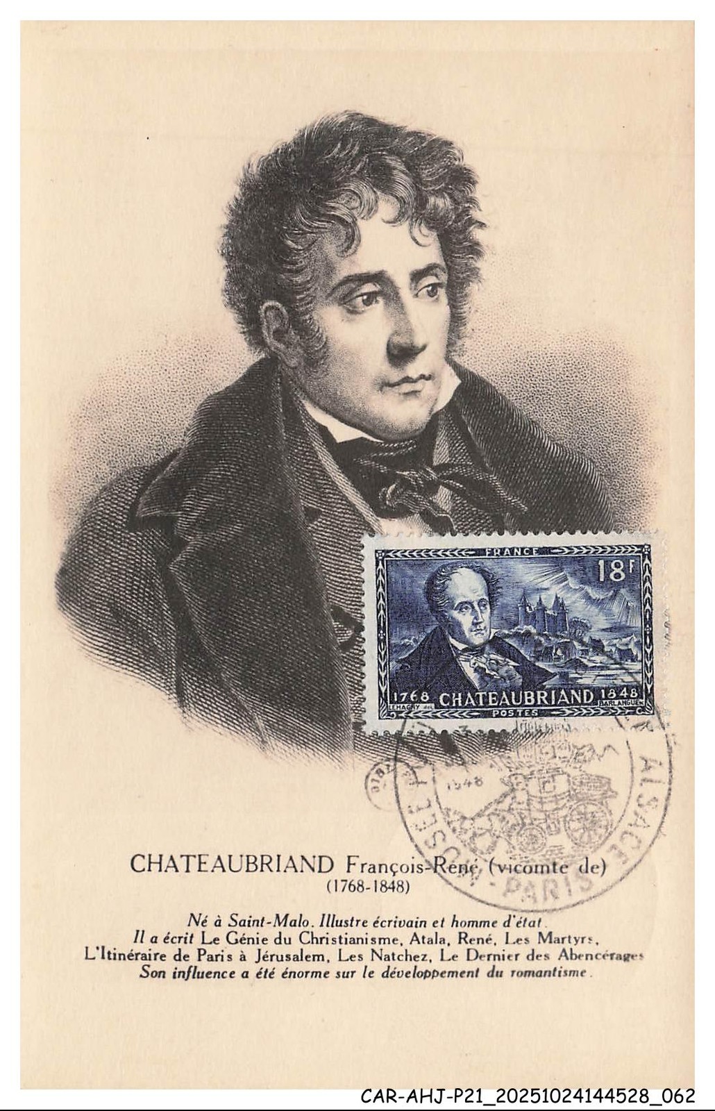 CAR-AHJP21-1084-CARTE-MAXIMUM - Vicomte De Chateaubriand - 1948