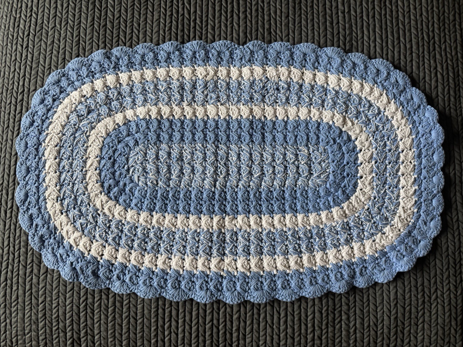 Vintage Hand Crocheted Rug, Blue & White Cottagecore, Grandmacore, Farmhouse