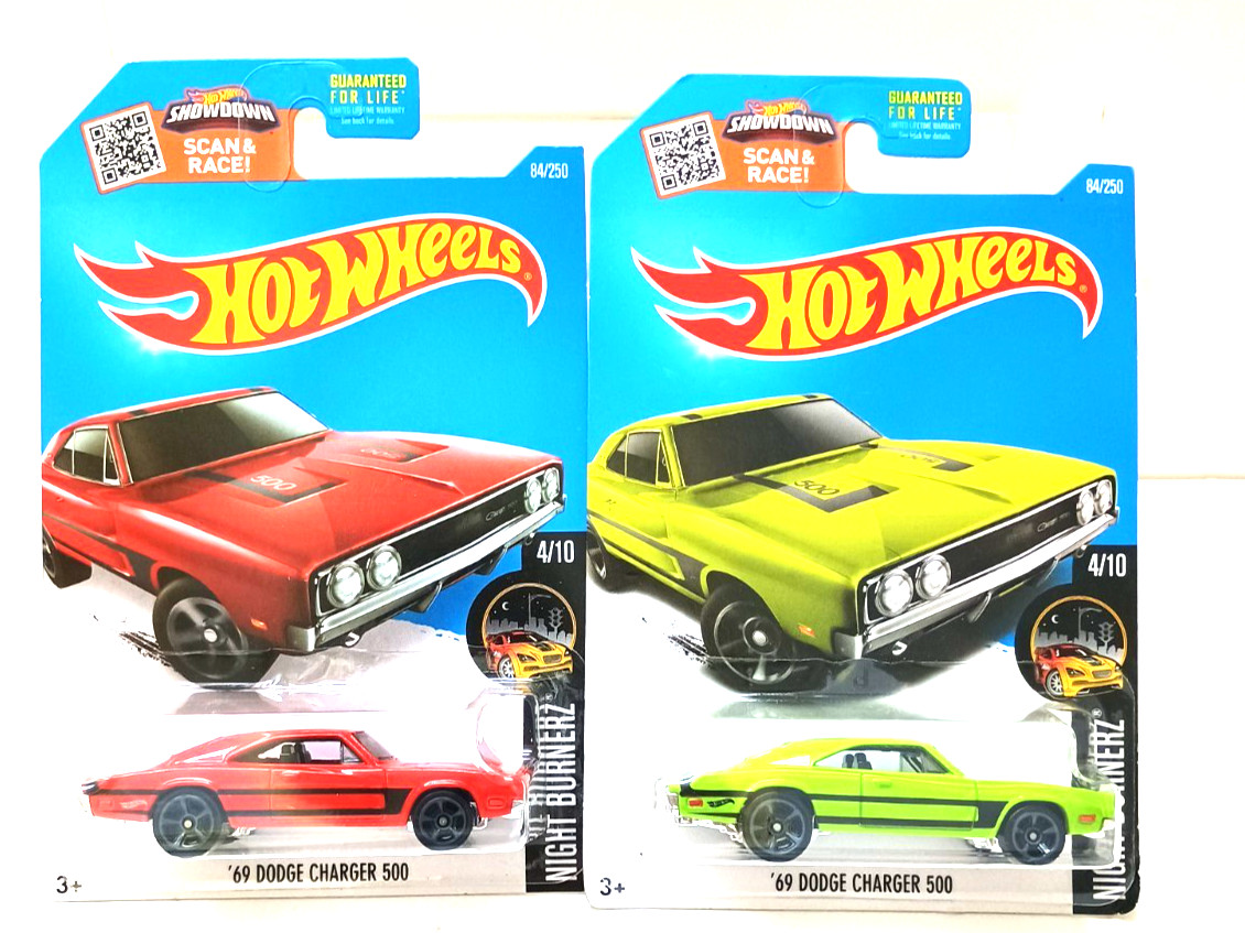 2015 Hot Wheels Night Burnerz 69 Dodge Charger 500 (1 Red & 1 Green) NEW CARDED
