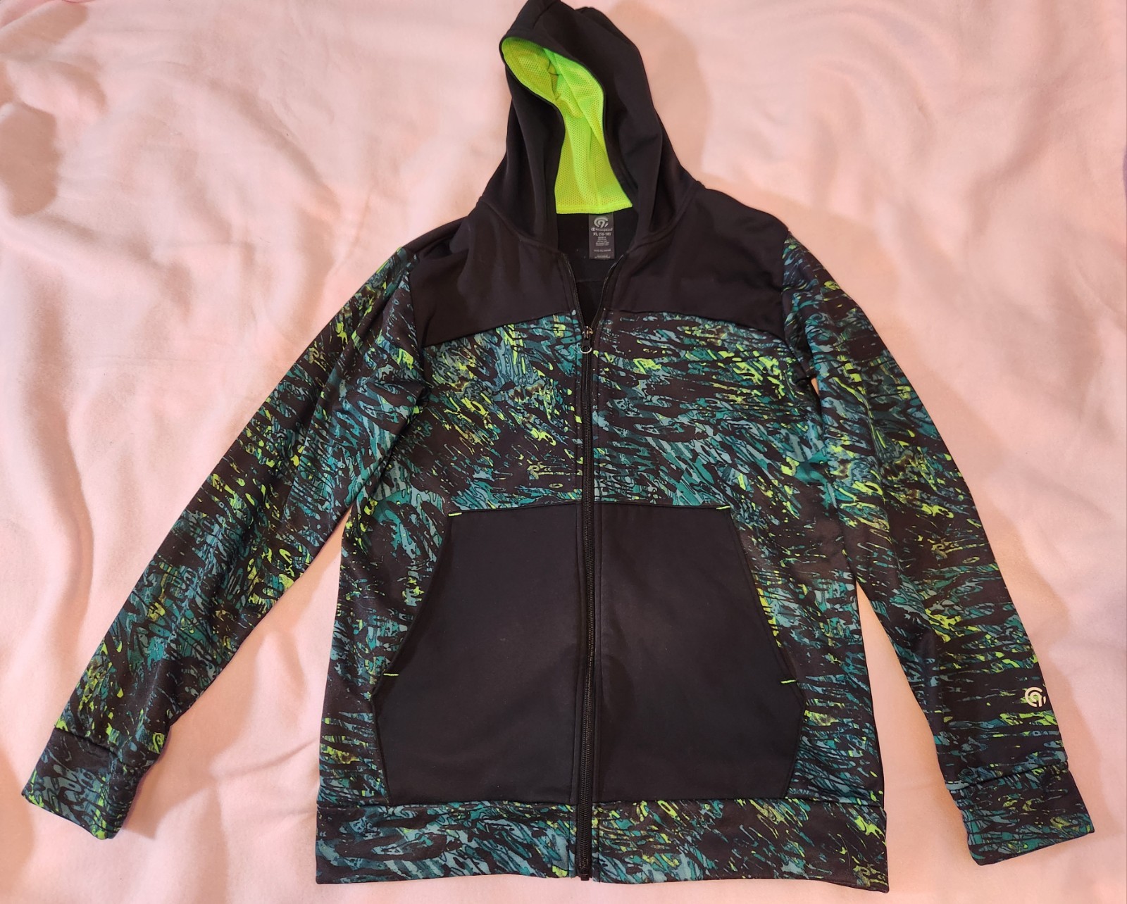 Boys Full Zip Fleece Hoodie Black Green Yellow Geometric Pattern Long Sleeve XL