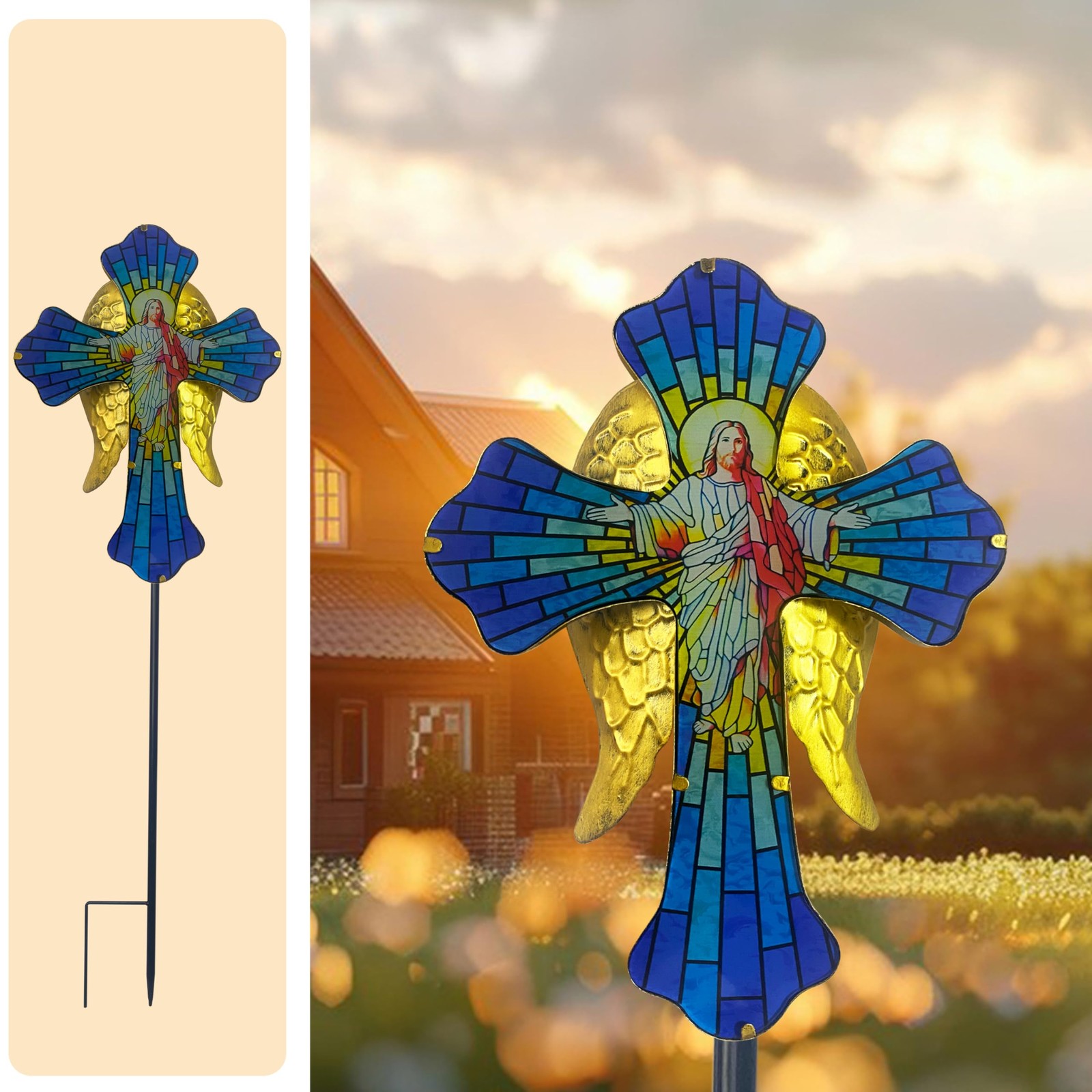 Solar Cross Garden Stake Lights, Metal Angel Wing & Acrylic Jesus Cross, Wate...