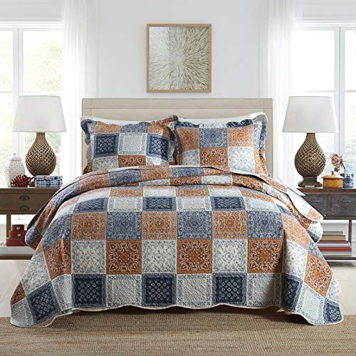  3-Piece Quilt Sets with Shams Oversized Bedding Queen C-tricolor-blue